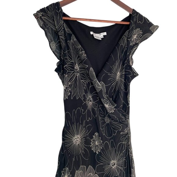 Vtg Y2K Maggy London A Line Midi Dress 10 Black White Floral Silk Flutter Sleeve - Picture 2 of 4